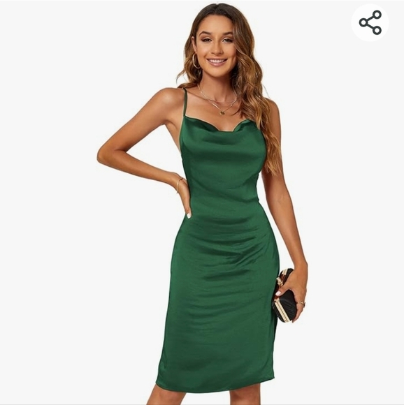 Dresses & Skirts - Sexy  Spaghetti Straps Side Slit Satin Dress Cowl Neck SZ M green‎